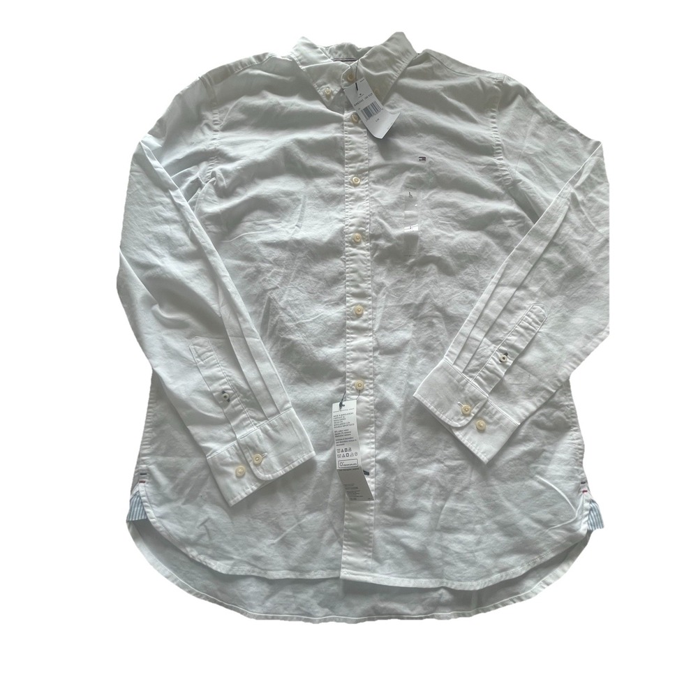 TOMMY HILFIGER Long Sleeve Solid White Shirt Size Large L Reg Fit Stretch $74